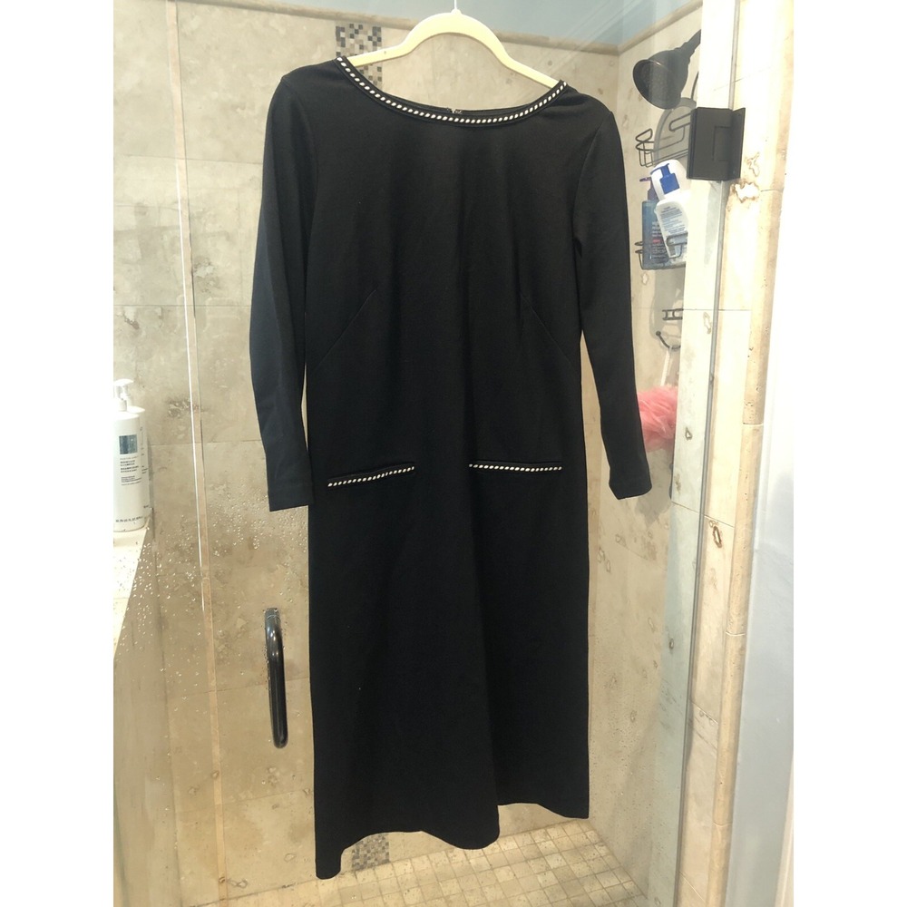 New TALBOTS Dress Black Ponte Sheath Ponte Knit 3/4 Sleeve Scoop Neck S 6 Weave